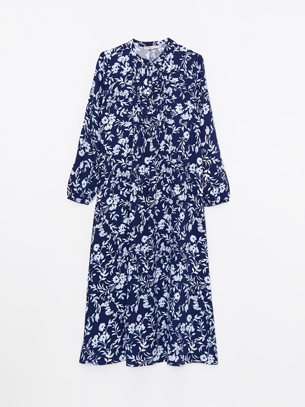 Lacivert Bisiklet Yaka Desenli Uzun Kollu Viskon Kadın Elbise-5