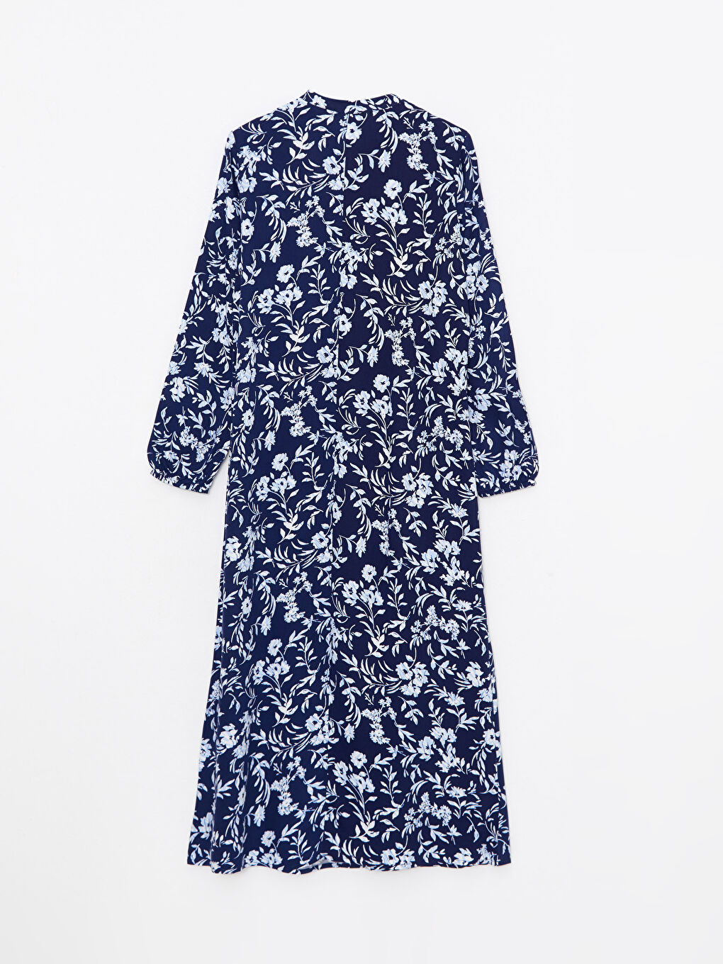 Lacivert Bisiklet Yaka Desenli Uzun Kollu Viskon Kadın Elbise-6