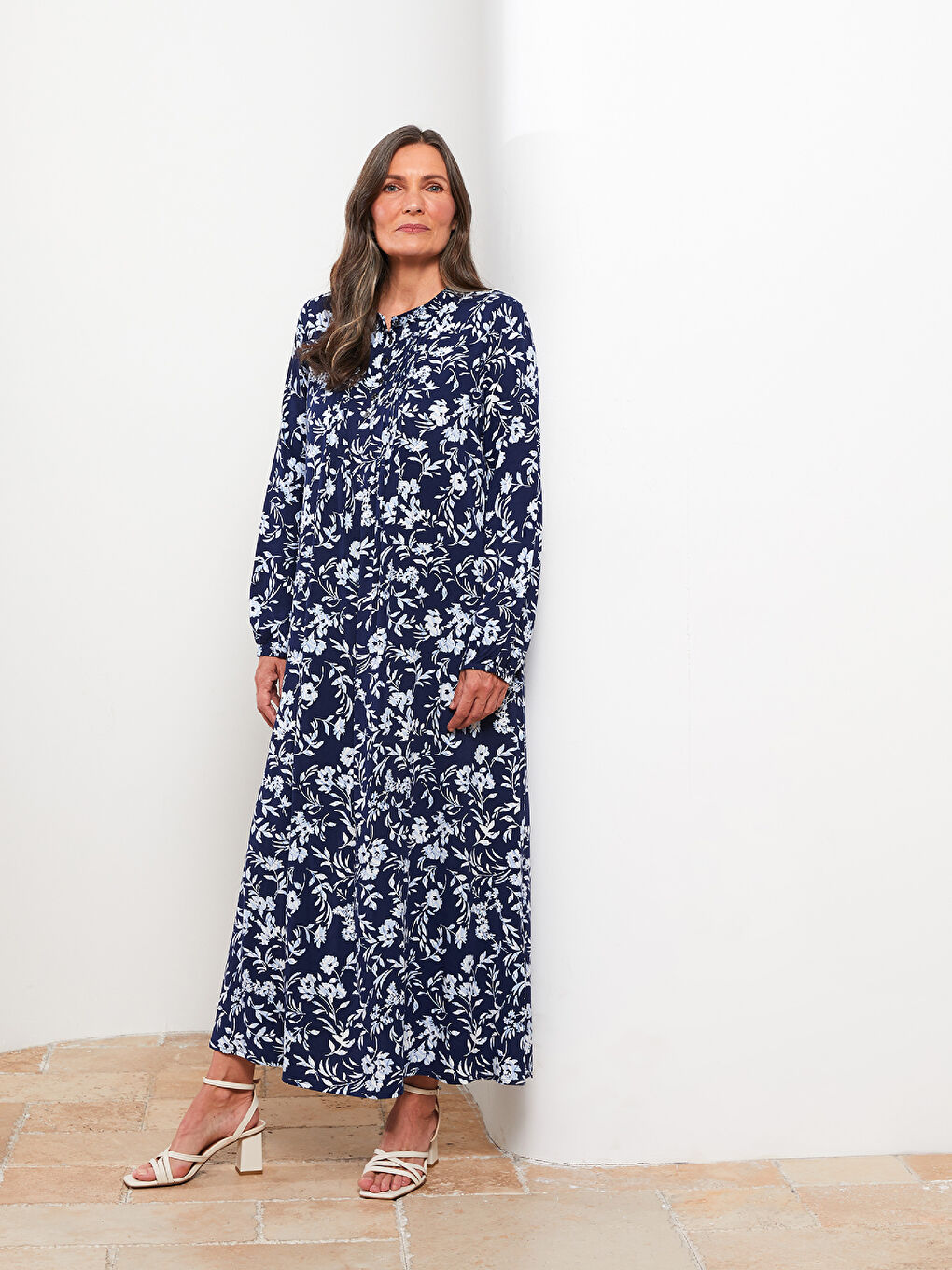 Lacivert Bisiklet Yaka Desenli Uzun Kollu Viskon Kadın Elbise