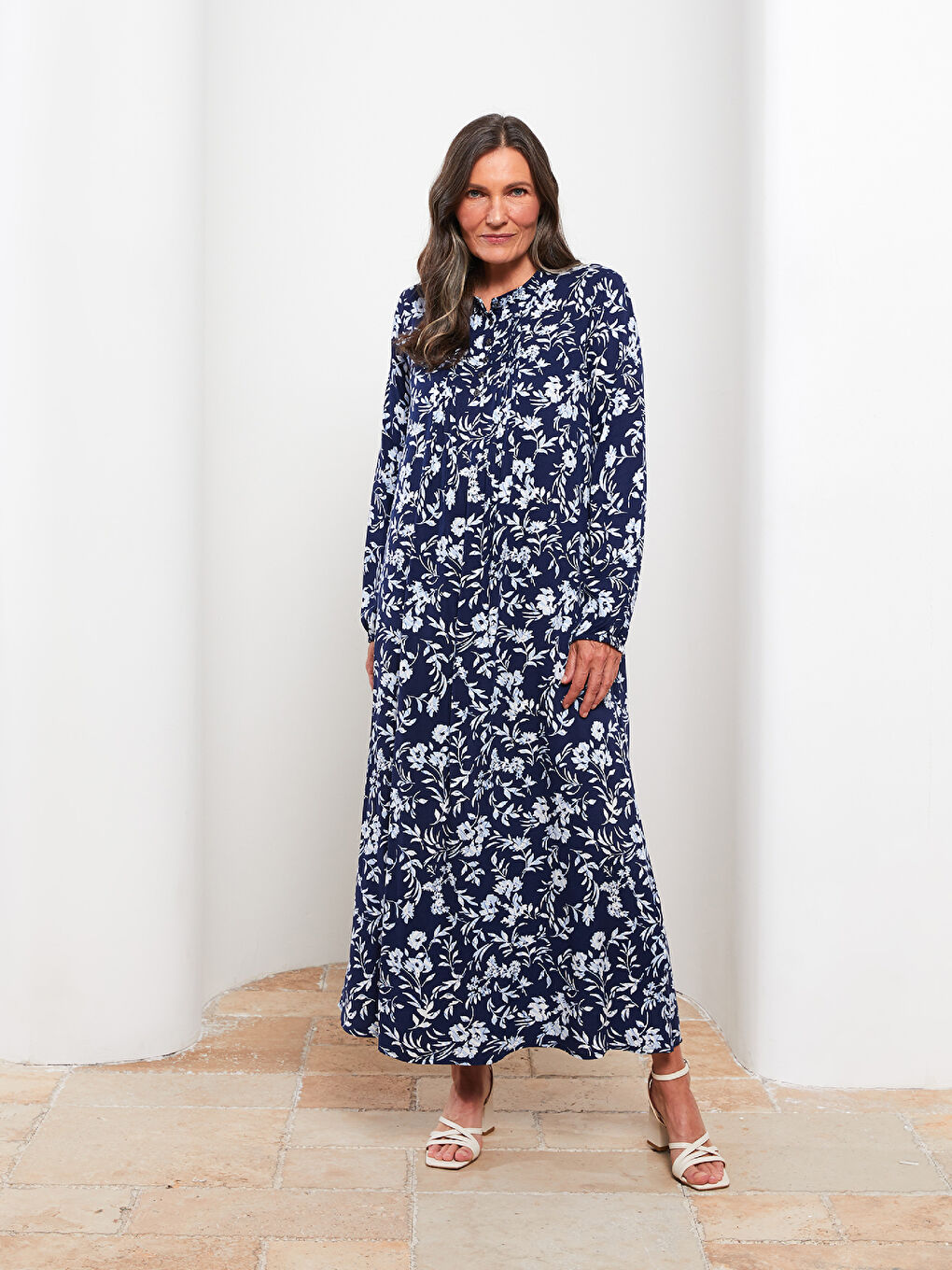 Lacivert Bisiklet Yaka Desenli Uzun Kollu Viskon Kadın Elbise-1