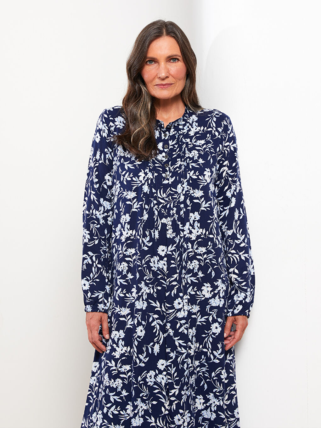 Lacivert Bisiklet Yaka Desenli Uzun Kollu Viskon Kadın Elbise-2