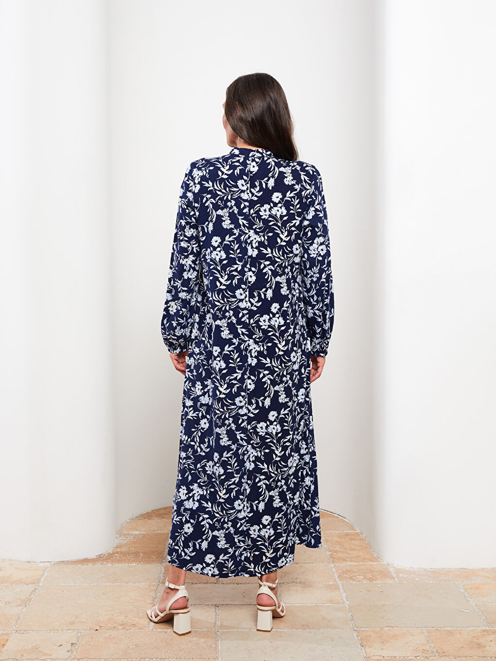 Lacivert Bisiklet Yaka Desenli Uzun Kollu Viskon Kadın Elbise-4