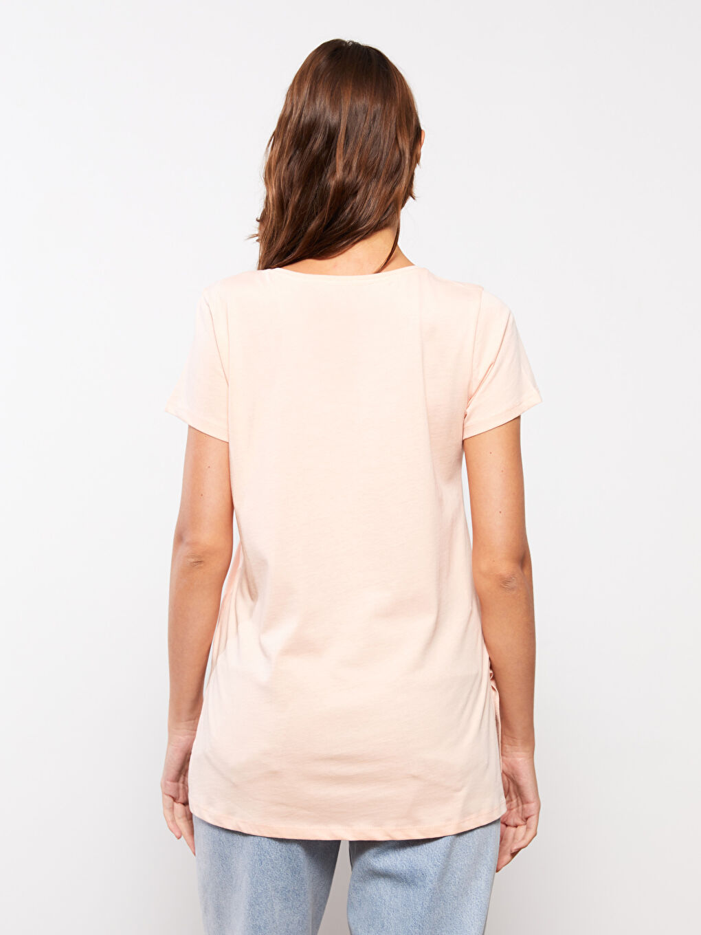 Bisiklet Yaka Baskılı Kısa Kollu Pamuklu Kadın Tişört-4