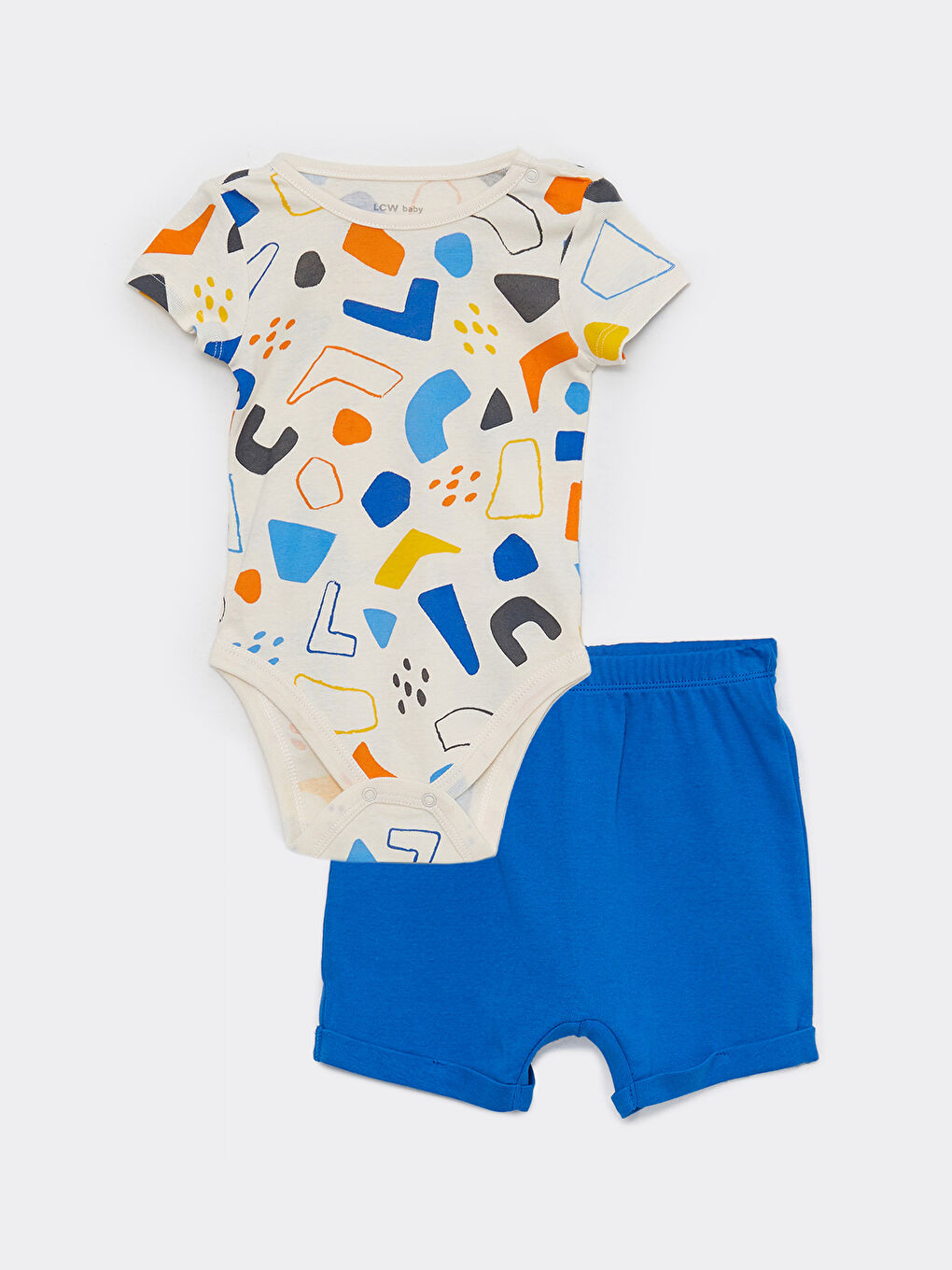 Ekru Bisiklet Yaka Kısa Kollu Baskılı Erkek Bebek Çıtçıtlı Body ve Şort 2'li Takım