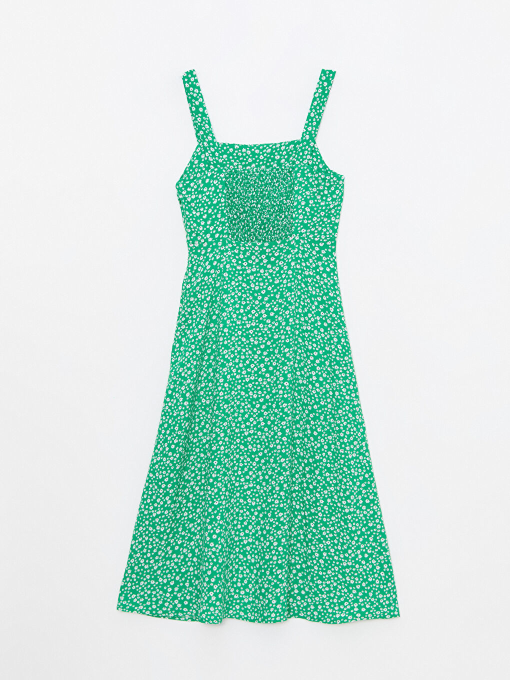 Yeşil Kare Yaka Desenli Askılı Viskon Kadın Elbise-6