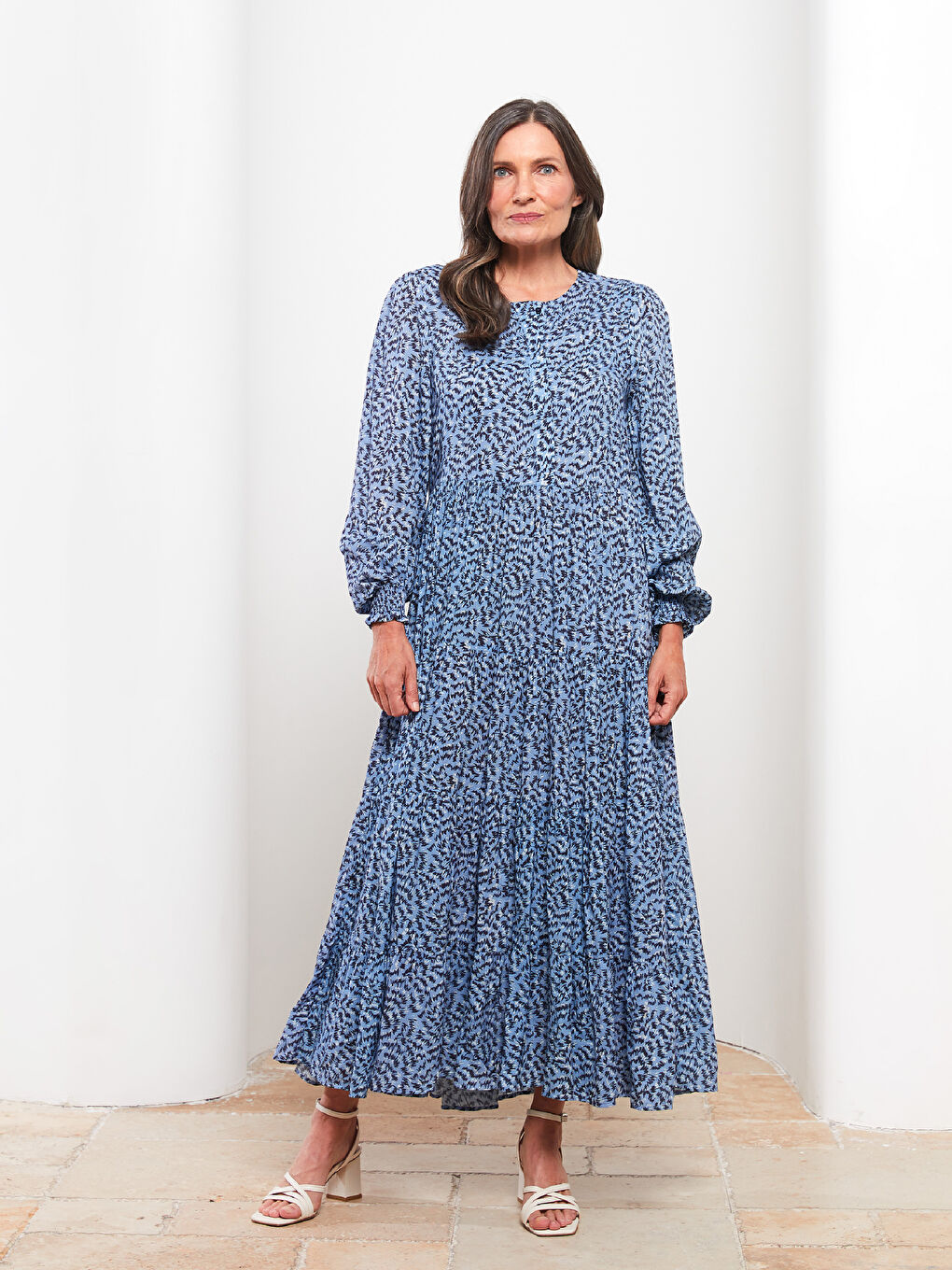 Mavi Bisiklet Yaka Desenli Uzun Kollu Viskon Kadın Elbise-1