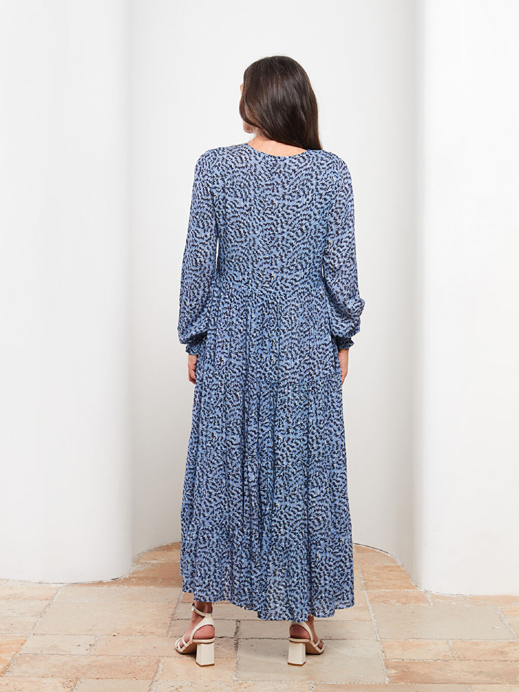 Mavi Bisiklet Yaka Desenli Uzun Kollu Viskon Kadın Elbise-4