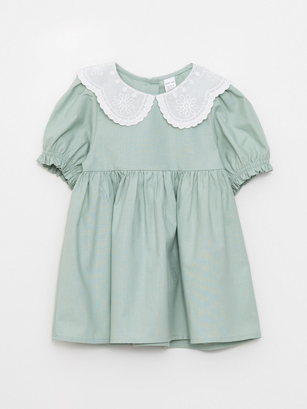 Yeşil Bebe Yaka Kısa Kollu Basic Kız Bebek Elbise
