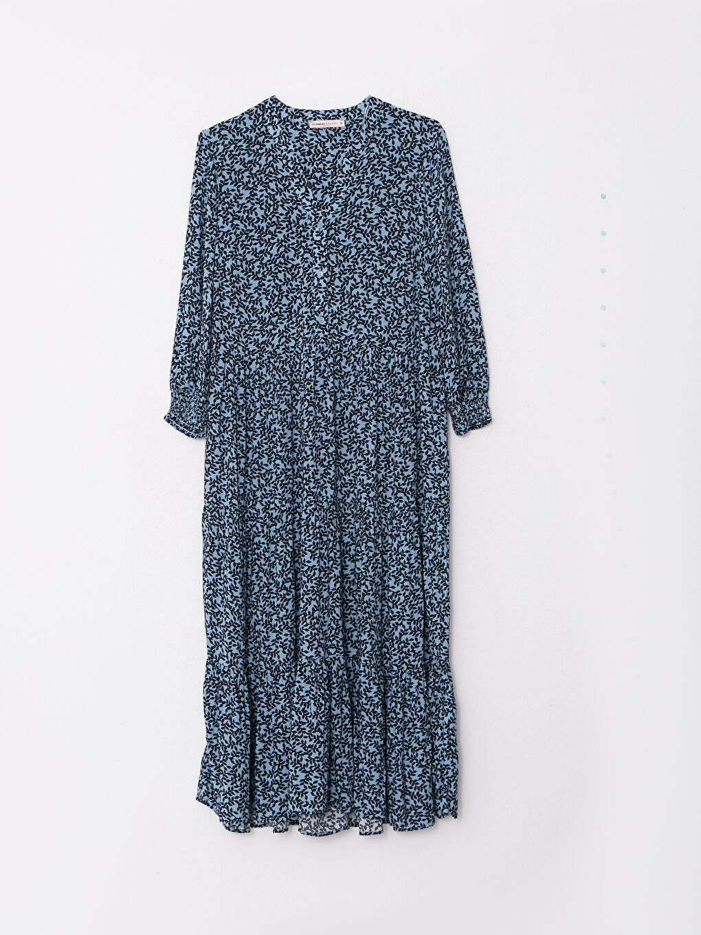 Mavi V Yaka Desenli Uzun Kollu Viskon Kadın Elbise-5