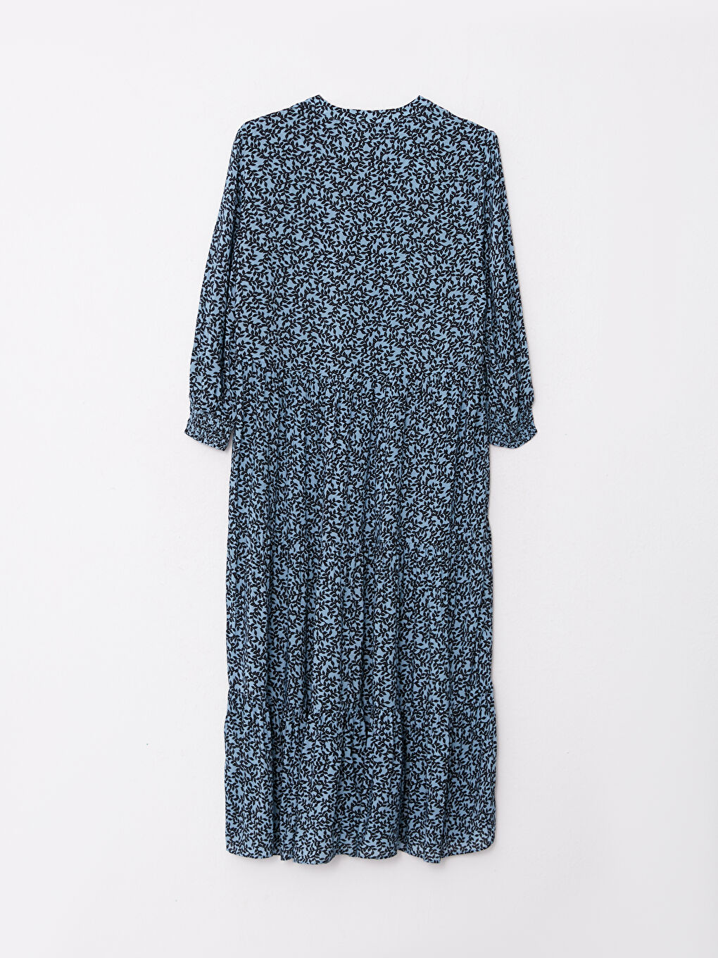 Mavi V Yaka Desenli Uzun Kollu Viskon Kadın Elbise-6