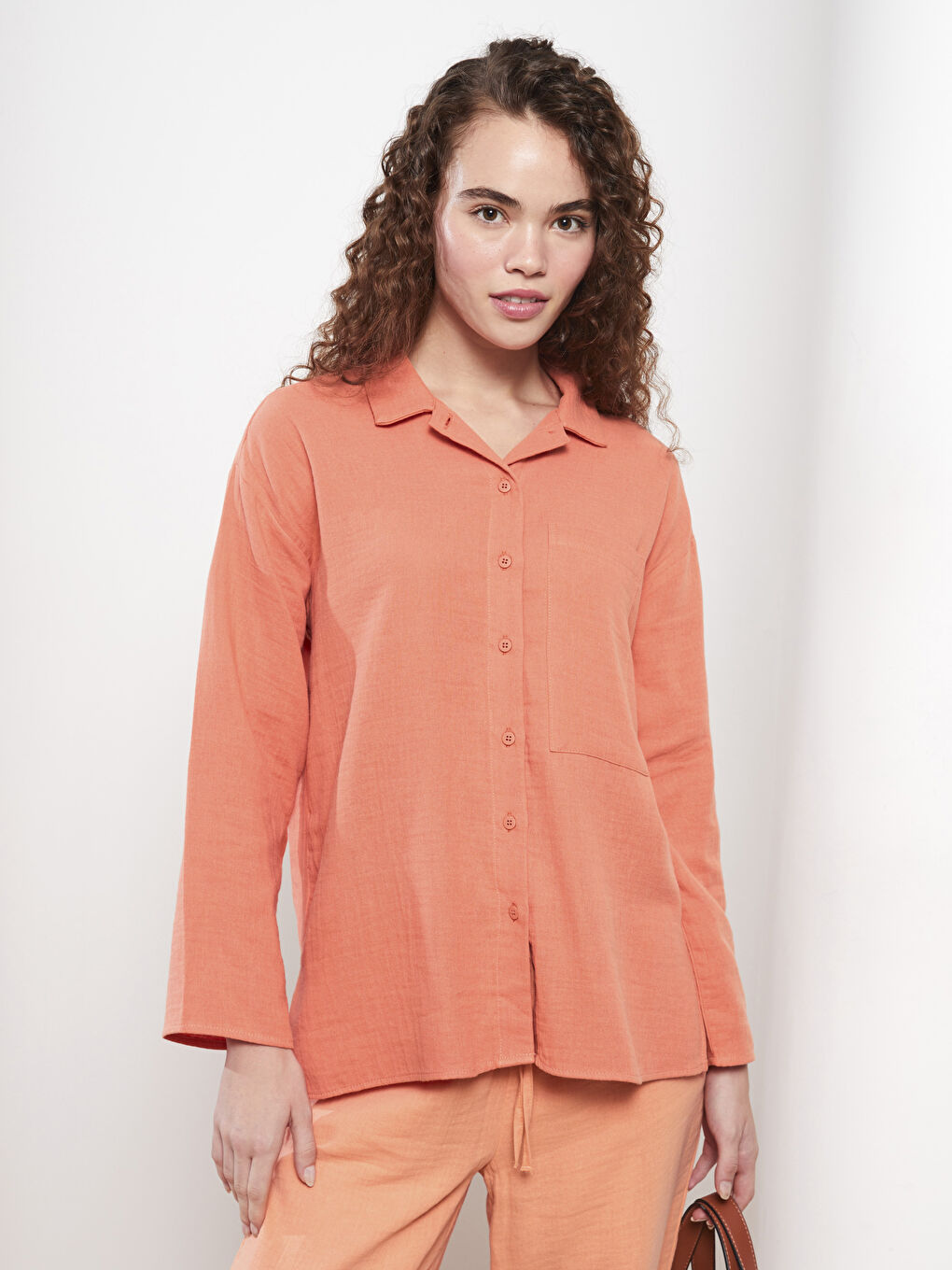 Turuncu Düz Müslin Kadın Gömlek Tunik