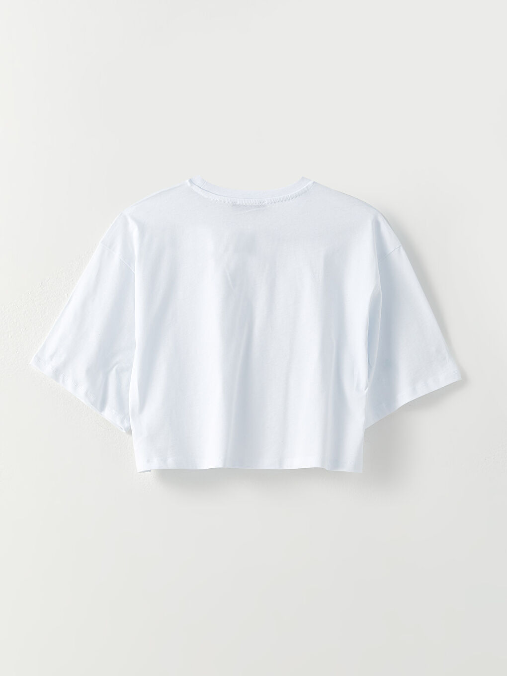 Beyaz Bisiklet Yaka Düz Kısa Kollu Crop Pamuklu Kadın Tişört-5
