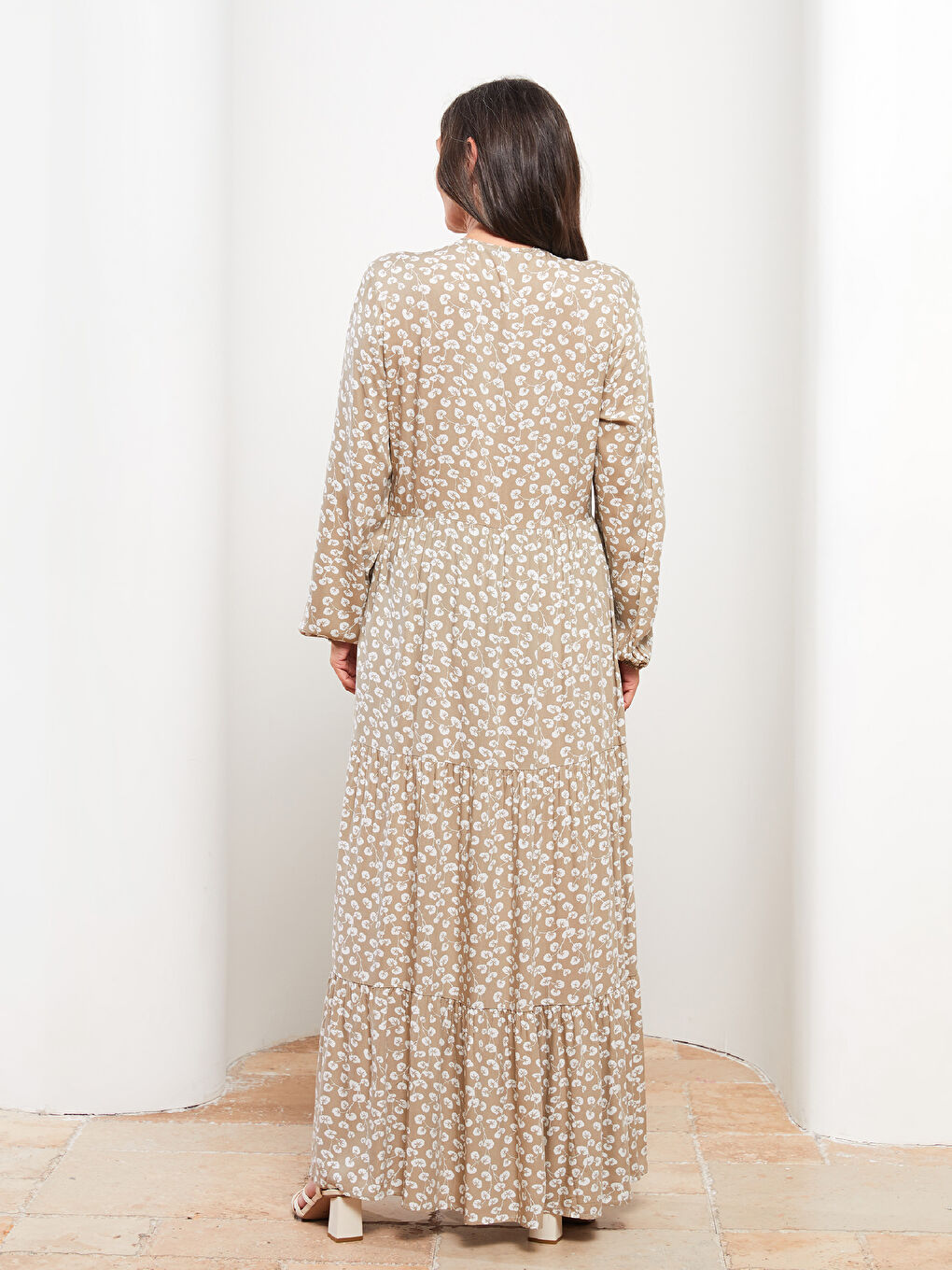Bej Bisiklet Yaka Çiçekli Uzun Kollu A Kesim Poplin Kadın Elbise-3
