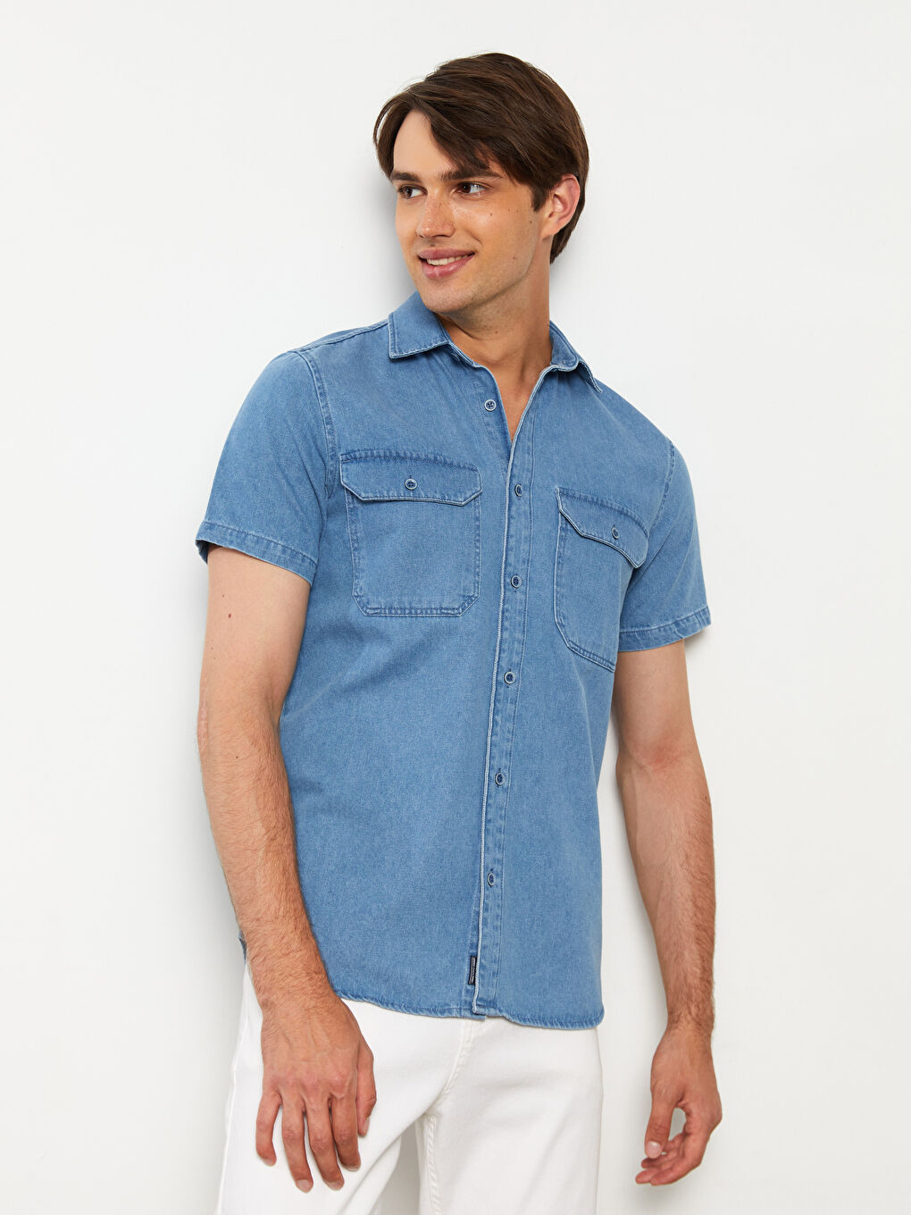 İndigo Regular Fit Kısa Kollu Erkek Jean Gömlek-1