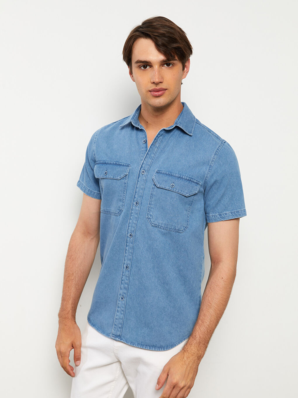 İndigo Regular Fit Kısa Kollu Erkek Jean Gömlek-2