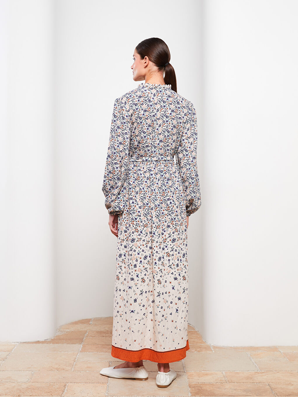 Ekru Bağlamalı Yaka Desenli Uzun Kollu Kadın Elbise-4