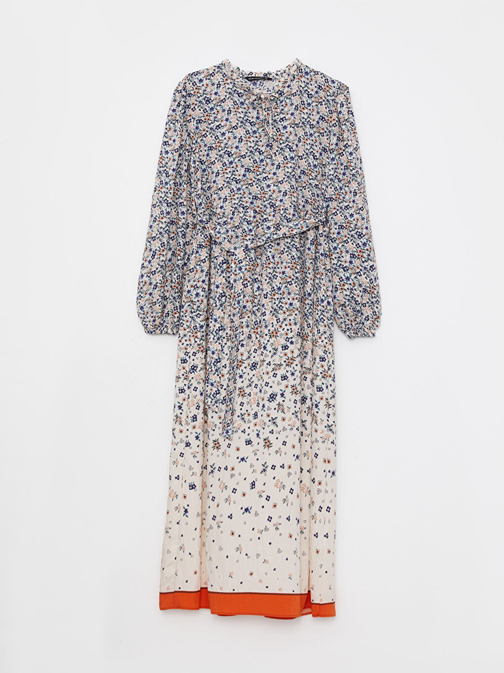 Ekru Bağlamalı Yaka Desenli Uzun Kollu Kadın Elbise-5