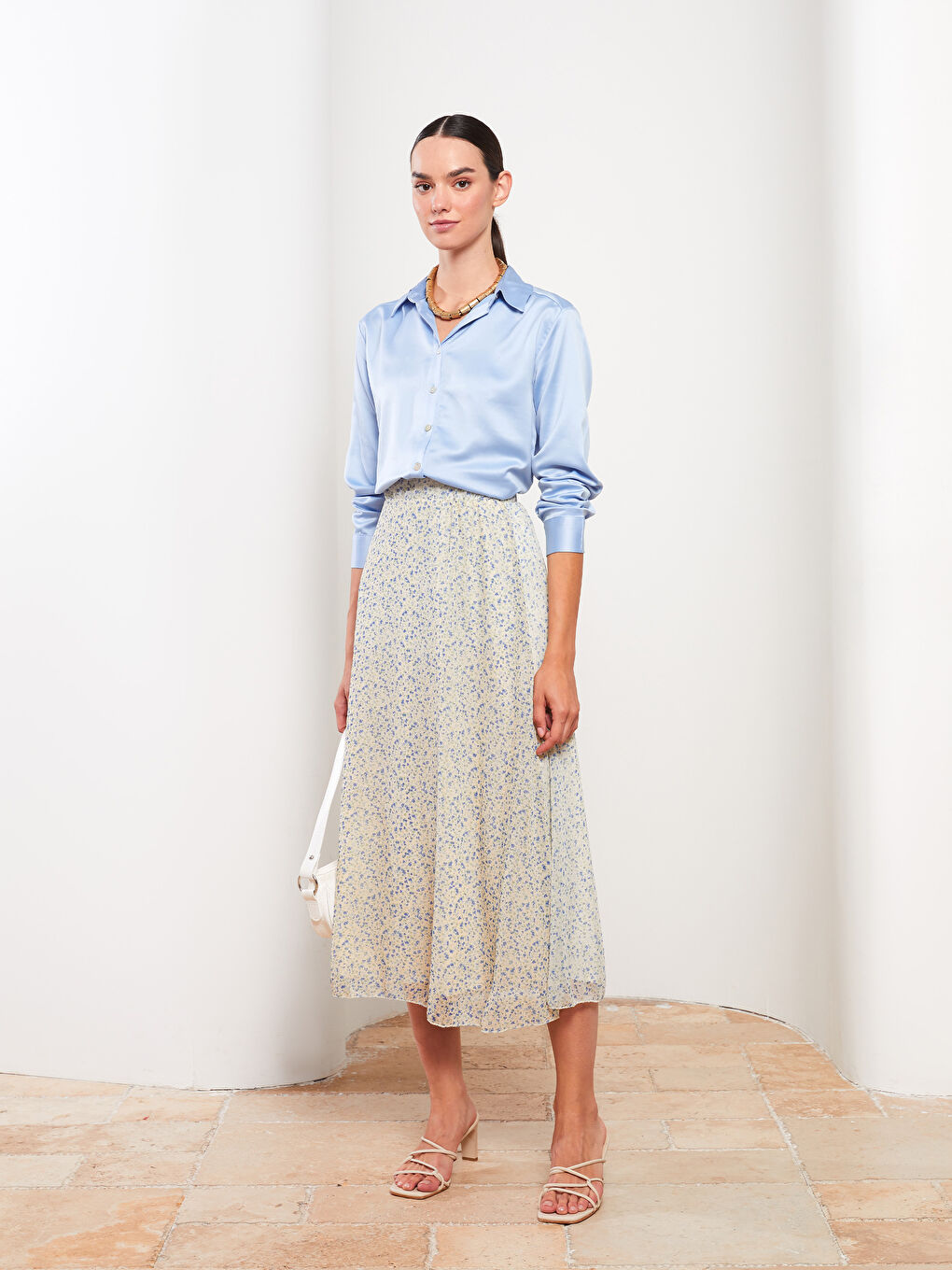 Ekru Beli Lastikli Desenli Astarlı Kadın Etek