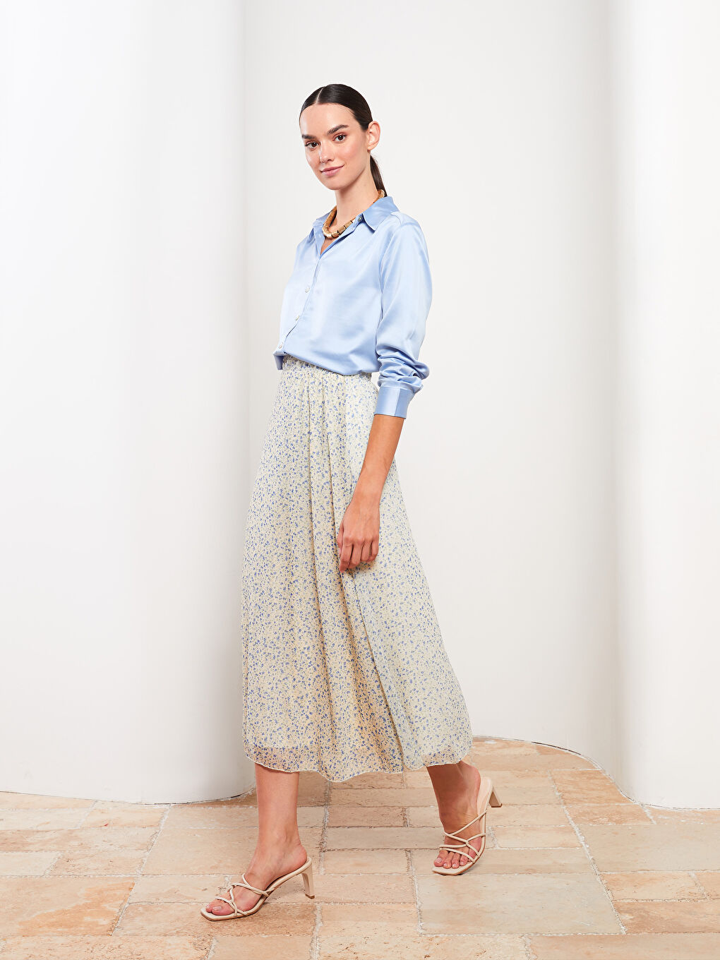 Ekru Beli Lastikli Desenli Astarlı Kadın Etek-1