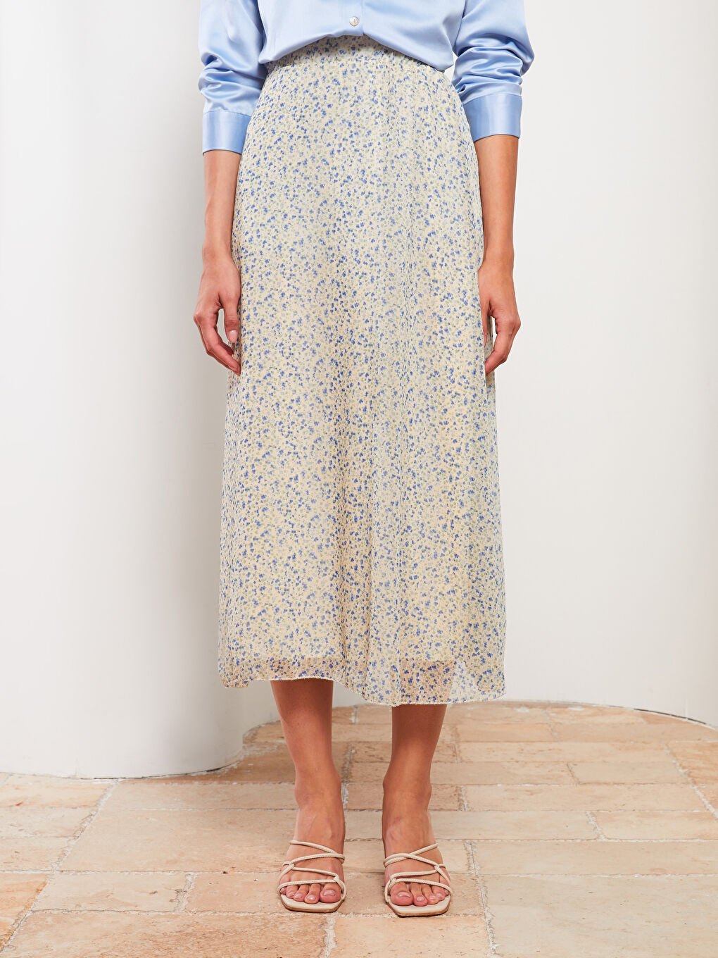 Ekru Beli Lastikli Desenli Astarlı Kadın Etek-3