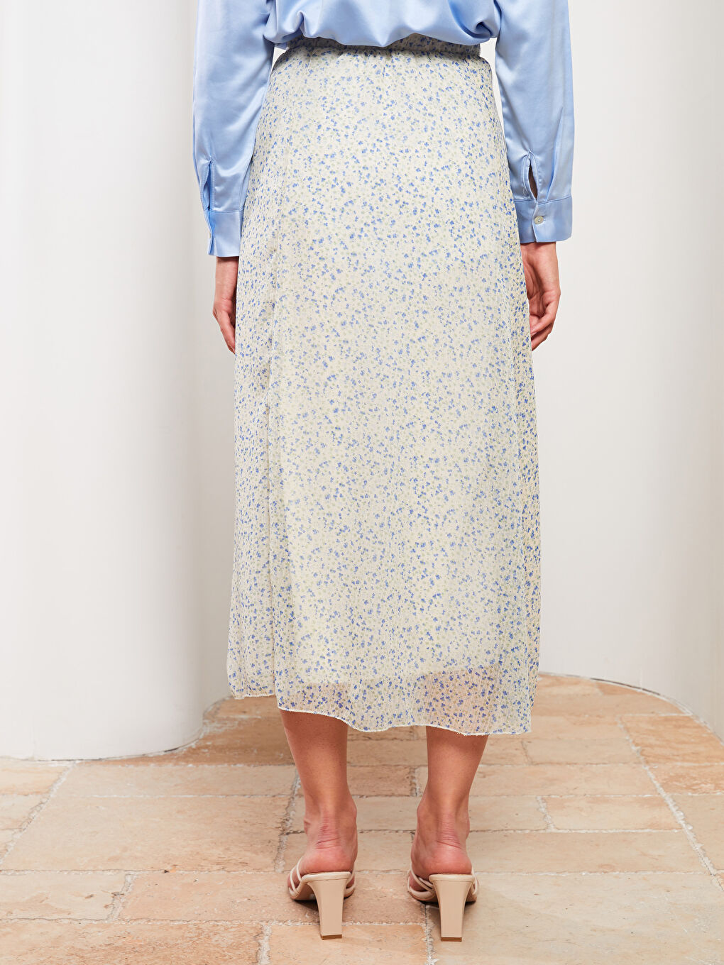 Ekru Beli Lastikli Desenli Astarlı Kadın Etek-4