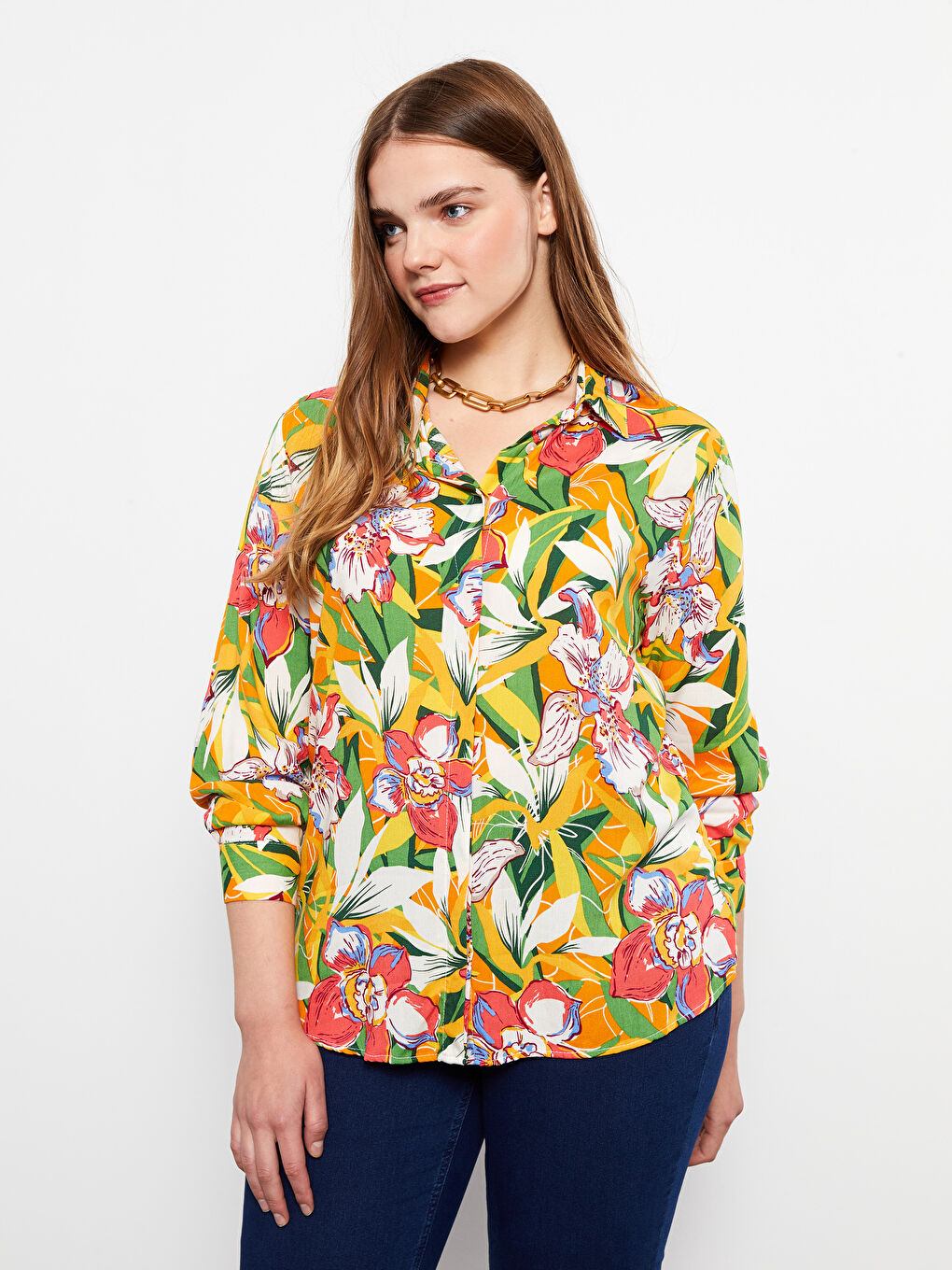 Front Button Closure Patterned Long Sleeve Viscose Women's Shirt