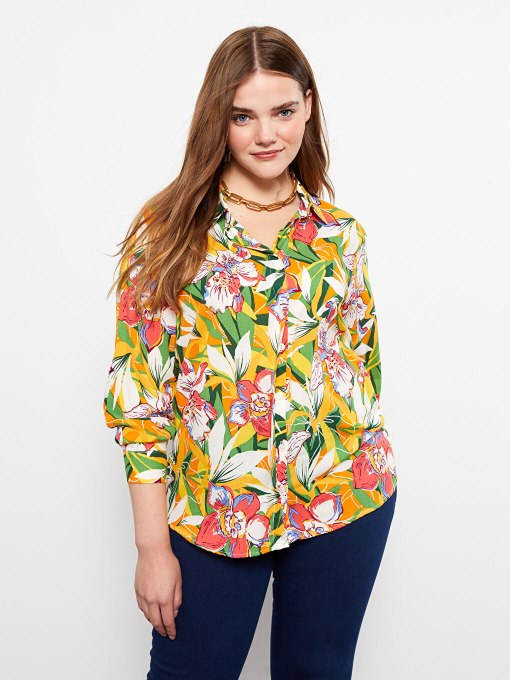 Front Button Closure Patterned Long Sleeve Viscose Women's Shirt-1