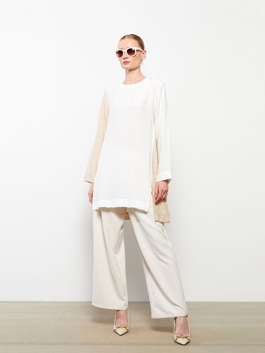 Ekru Bisiklet Yaka Renk Bloklu Uzun Kollu Kadın Tunik