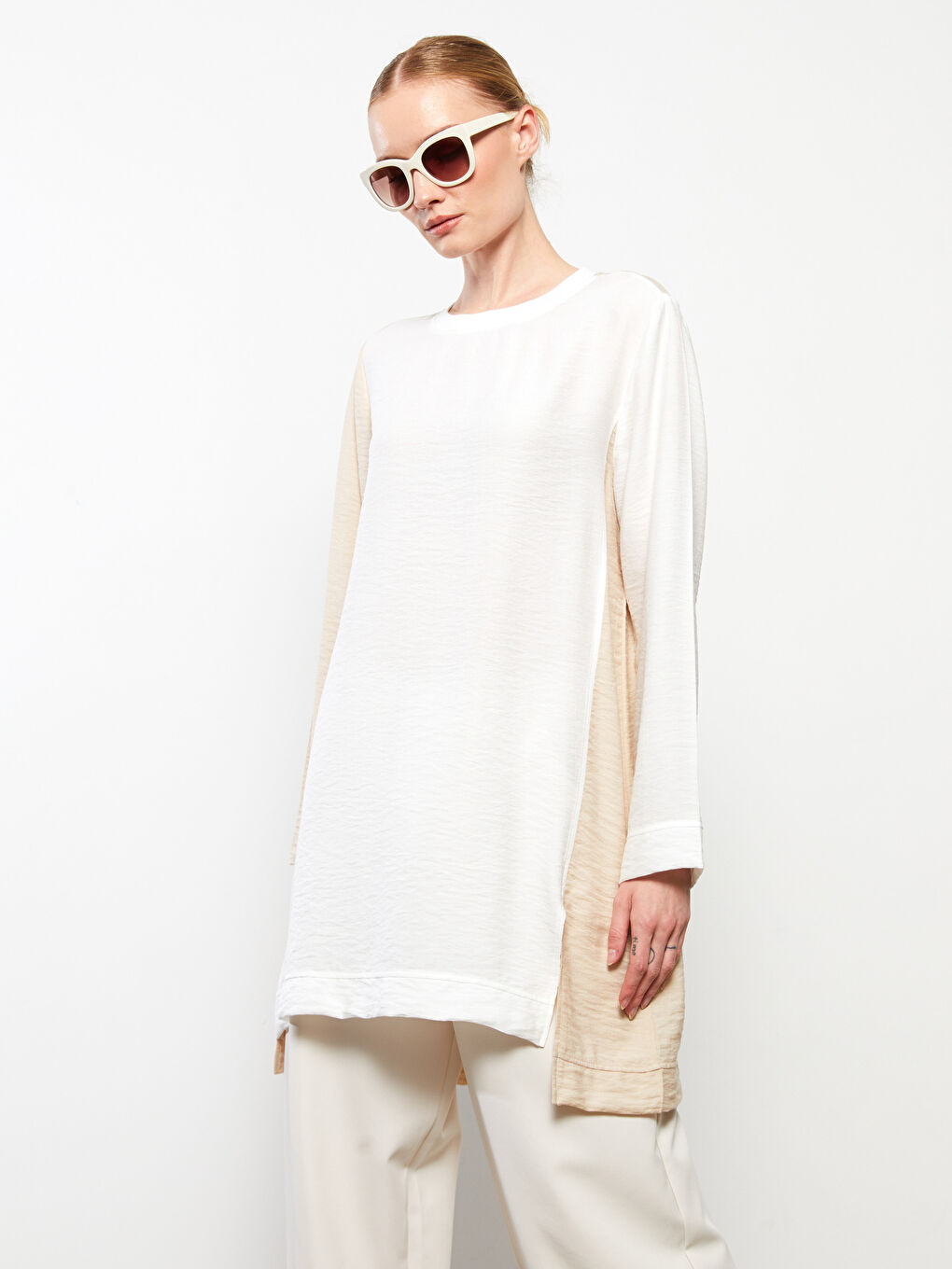 Ekru Bisiklet Yaka Renk Bloklu Uzun Kollu Kadın Tunik-1