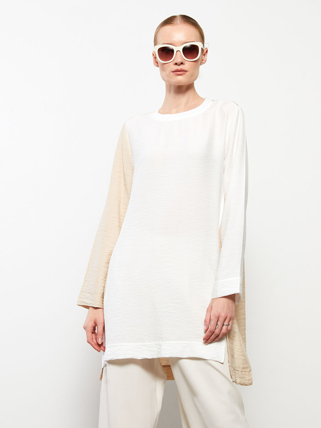 Ekru Bisiklet Yaka Renk Bloklu Uzun Kollu Kadın Tunik-2