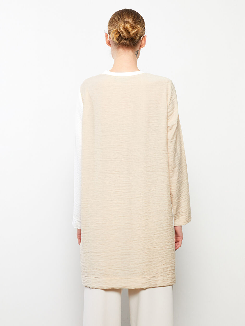 Ekru Bisiklet Yaka Renk Bloklu Uzun Kollu Kadın Tunik-4