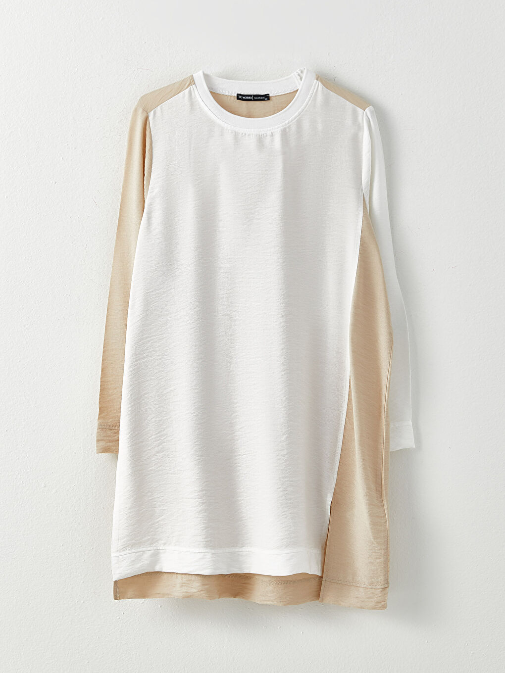 Ekru Bisiklet Yaka Renk Bloklu Uzun Kollu Kadın Tunik-5