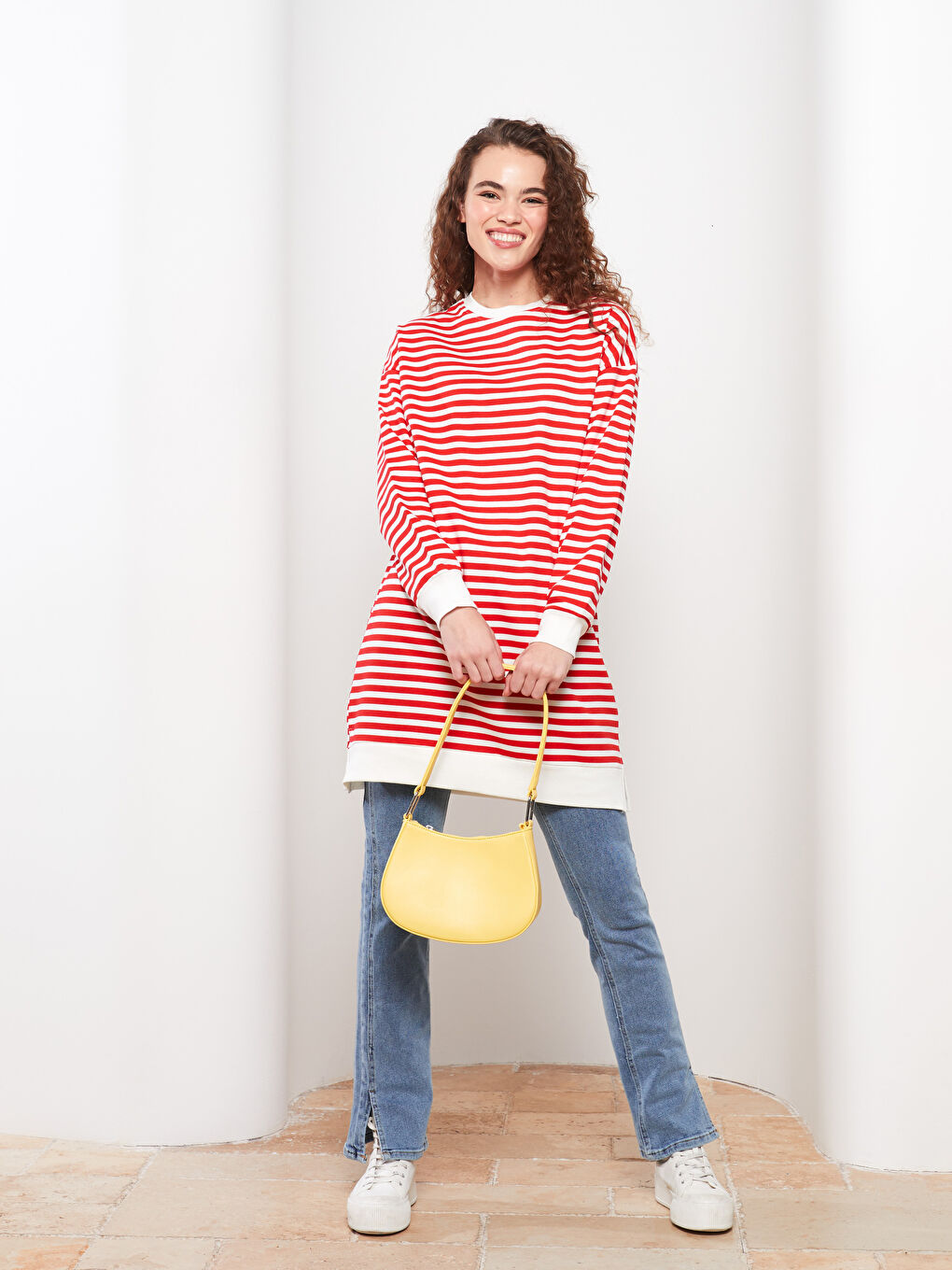 Kırmızı Çizgili Oversize Kadın Sweatshirt Tunik