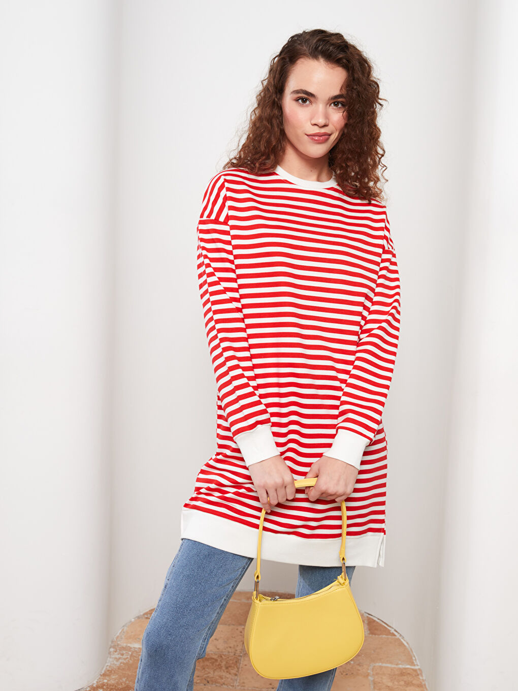 Kırmızı Çizgili Oversize Kadın Sweatshirt Tunik-1