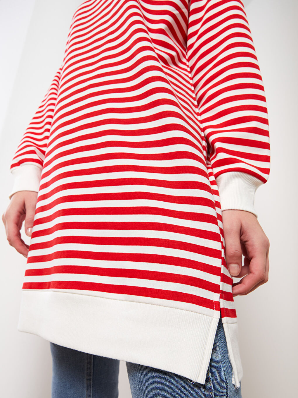 Kırmızı Çizgili Oversize Kadın Sweatshirt Tunik-3