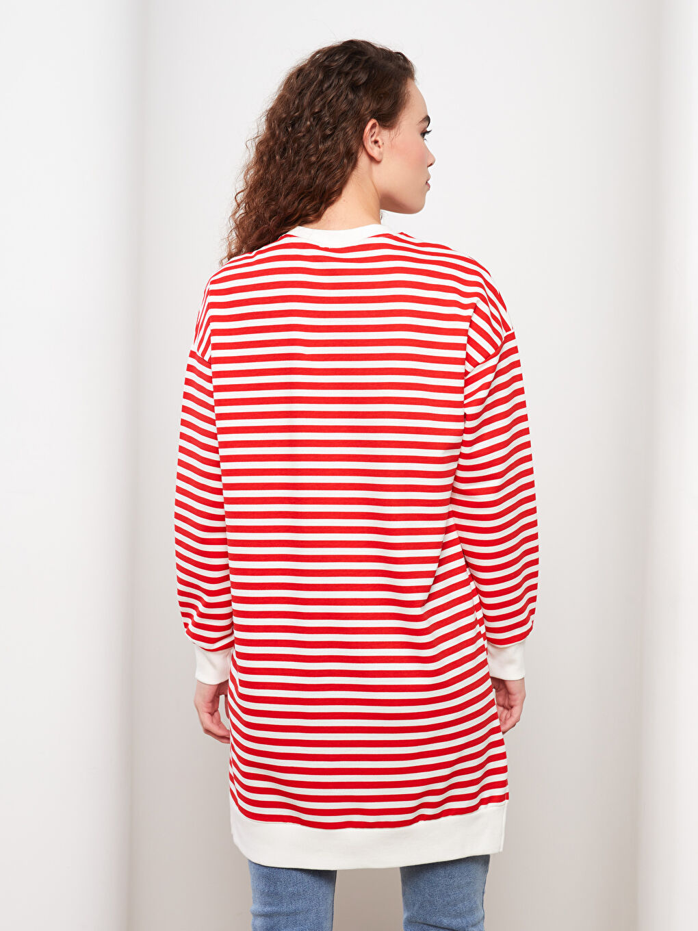 Kırmızı Çizgili Oversize Kadın Sweatshirt Tunik-4