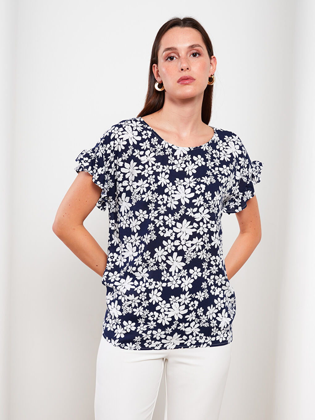 Crew Neck Floral Short Sleeve Viscose Women's Blouse-1