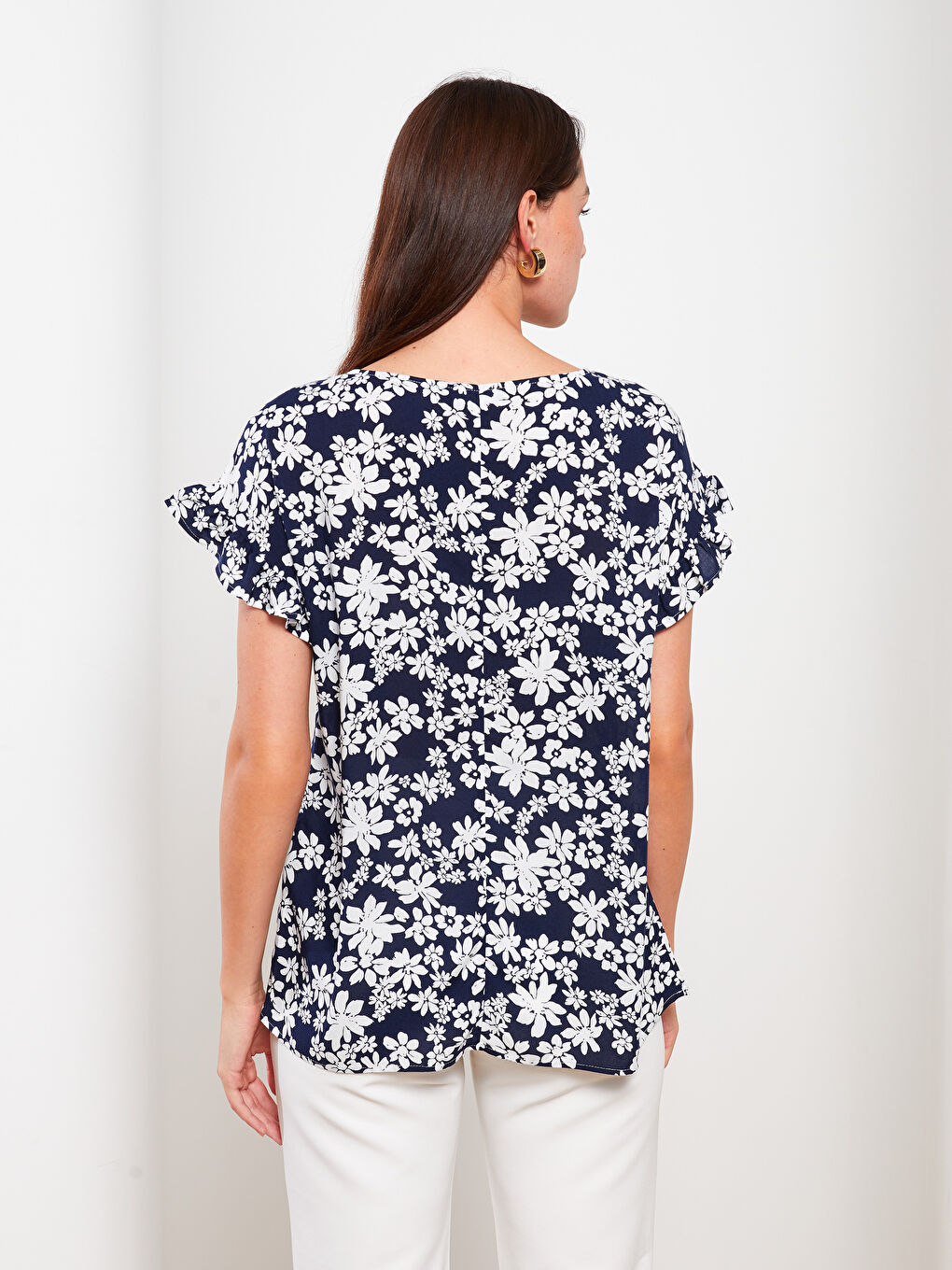 Crew Neck Floral Short Sleeve Viscose Women's Blouse-4