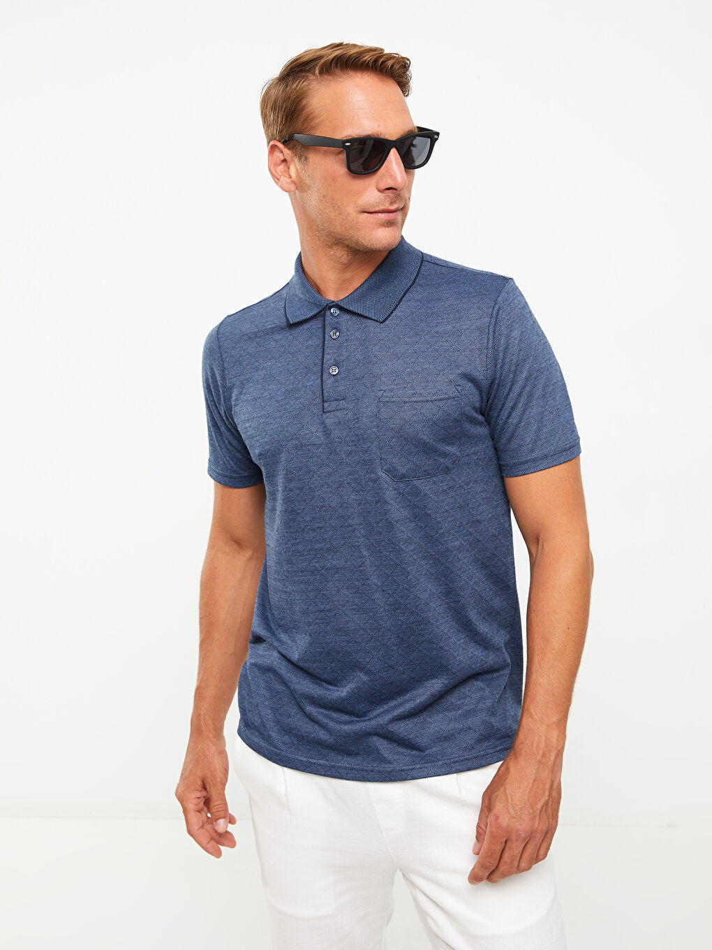 Mavi Polo Yaka Kısa Kollu Desenli Pike Erkek Tişört