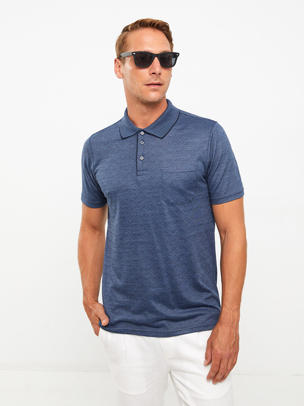 Mavi Polo Yaka Kısa Kollu Desenli Pike Erkek Tişört-1