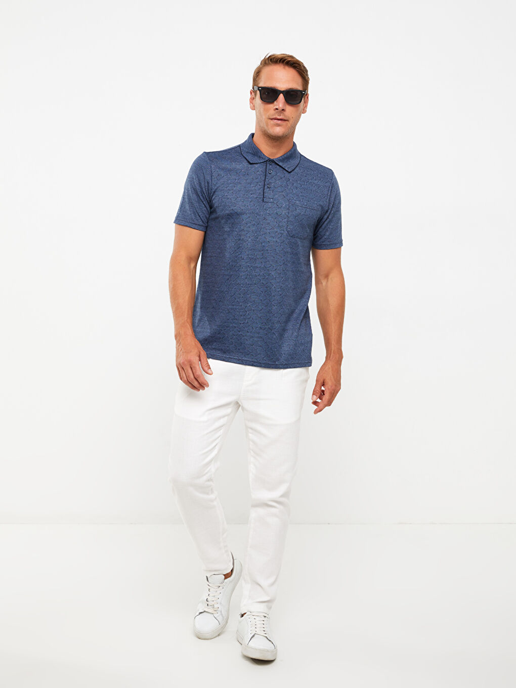 Mavi Polo Yaka Kısa Kollu Desenli Pike Erkek Tişört-2