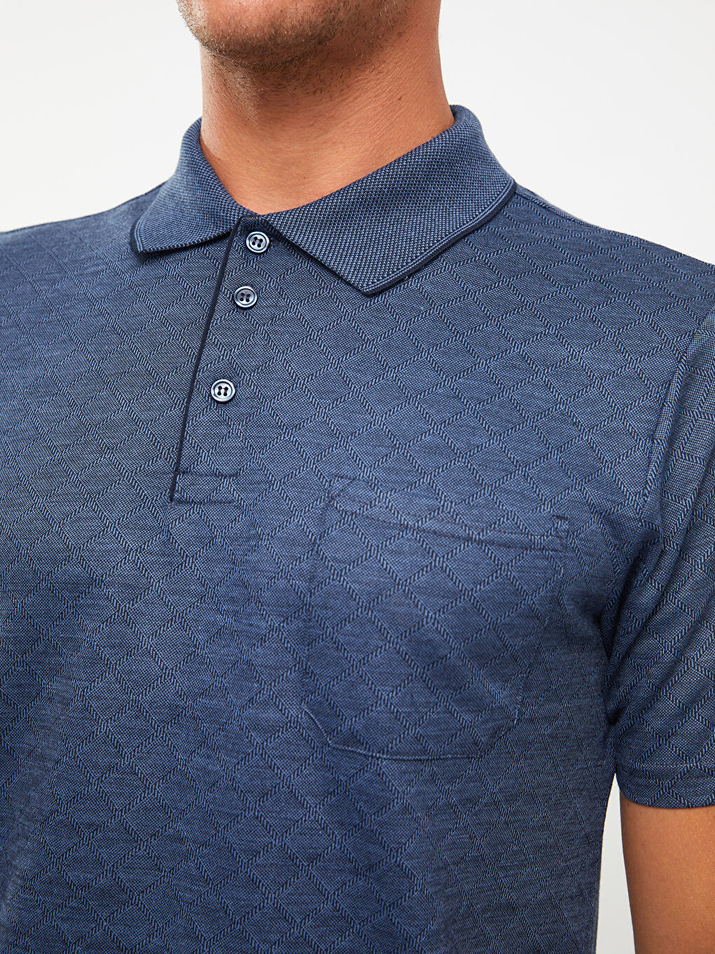 Mavi Polo Yaka Kısa Kollu Desenli Pike Erkek Tişört-3