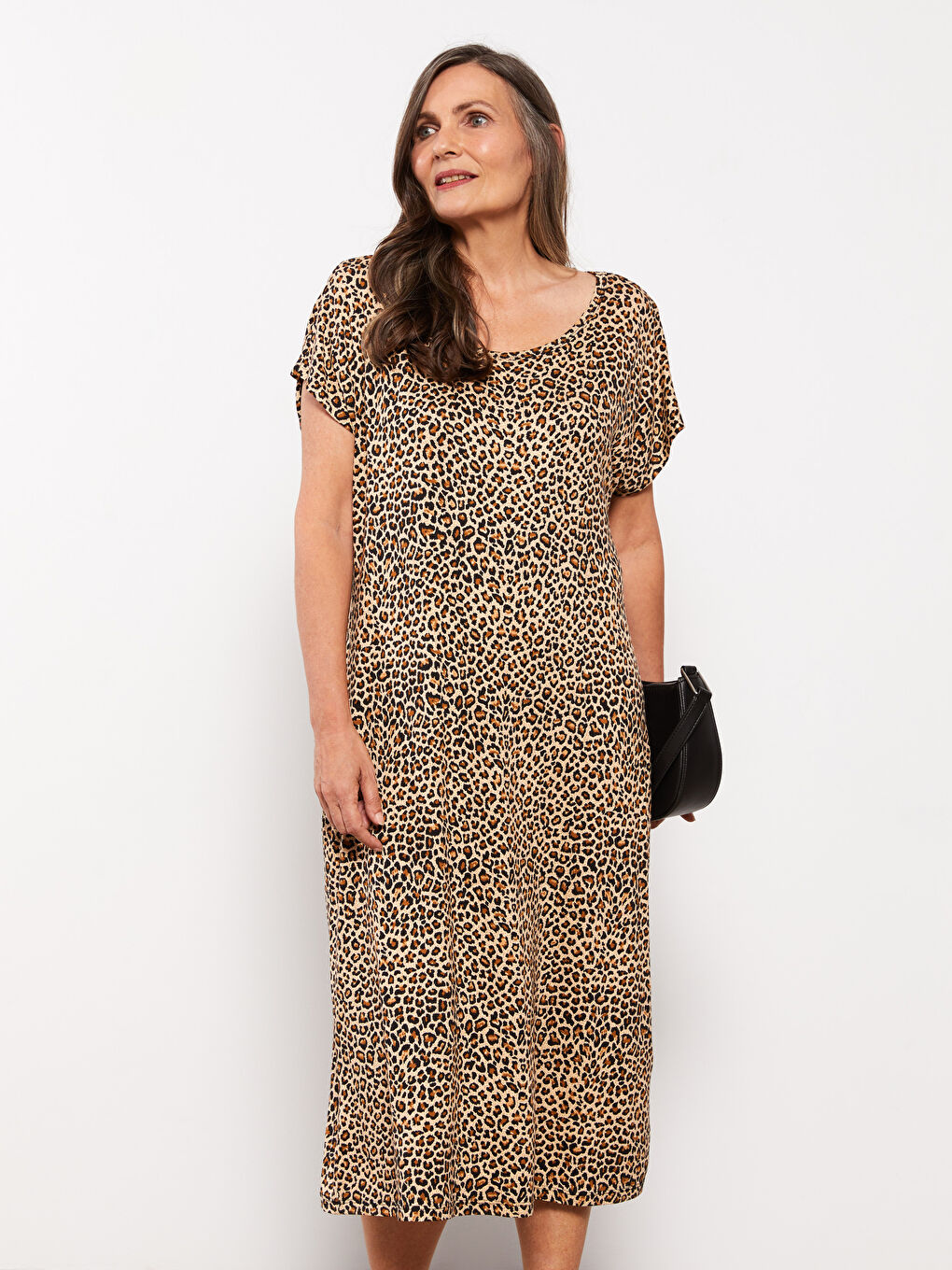Kahverengi Bisiklet Yaka Desenli Kısa Kollu Kadın Elbise-2