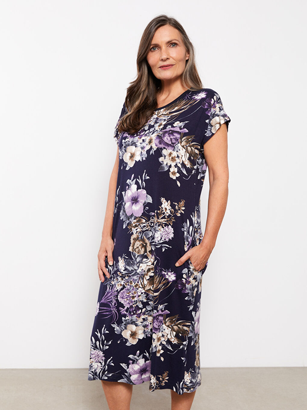 Mor Bisiklet Yaka Desenli Kısa Kollu Kadın Elbise-1