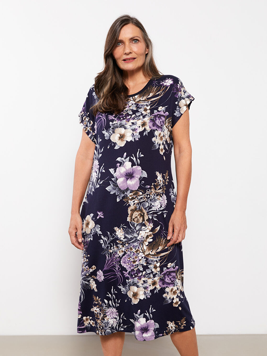 Mor Bisiklet Yaka Desenli Kısa Kollu Kadın Elbise-2