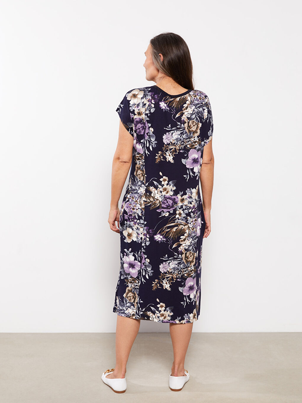 Mor Bisiklet Yaka Desenli Kısa Kollu Kadın Elbise-4