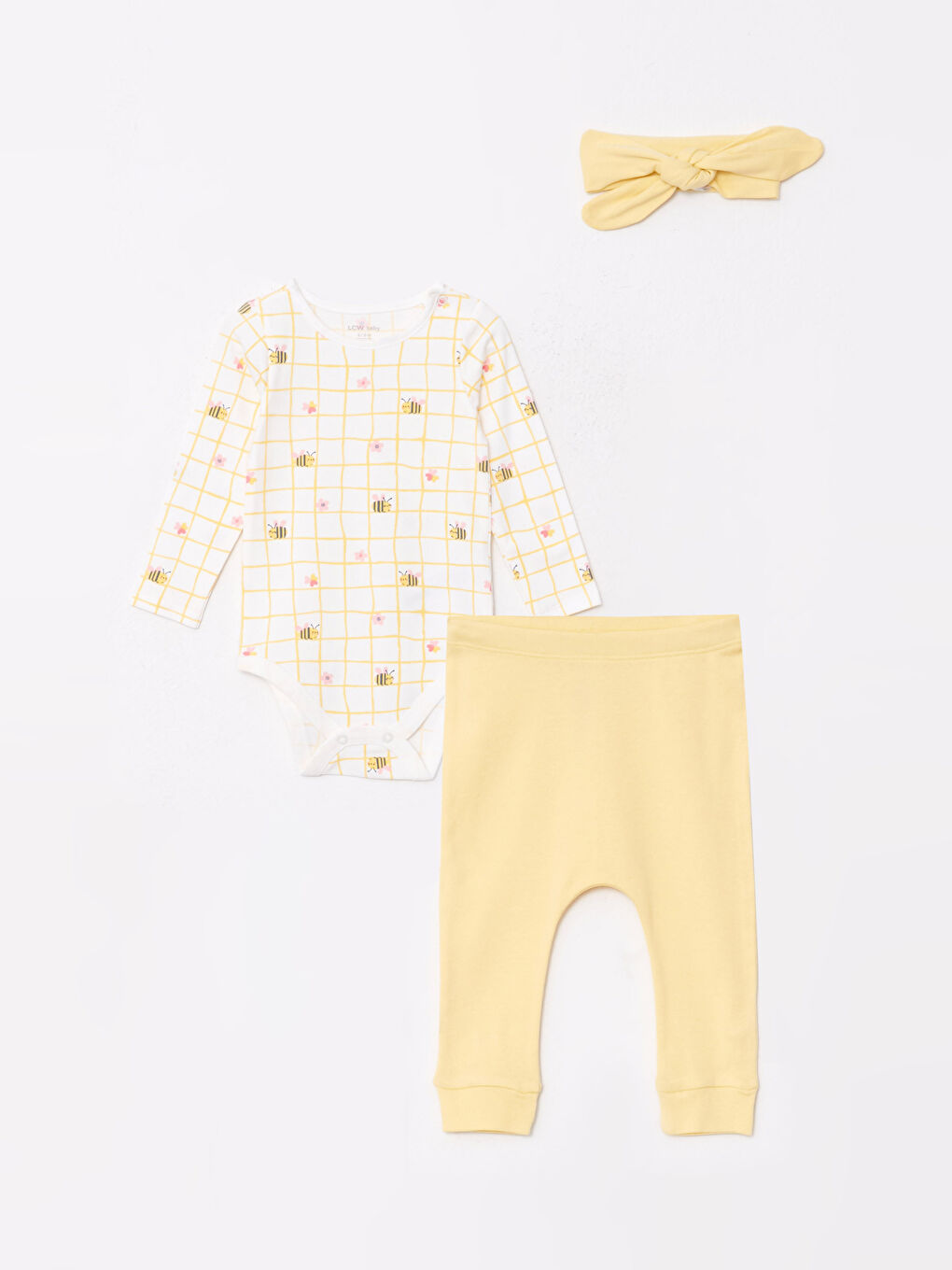Ekru Bisiklet Yaka Uzun Kollu Baskılı Kız Bebek Çıtçıtlı Body Pantolon ve Saç Bandı 3'lü Takım