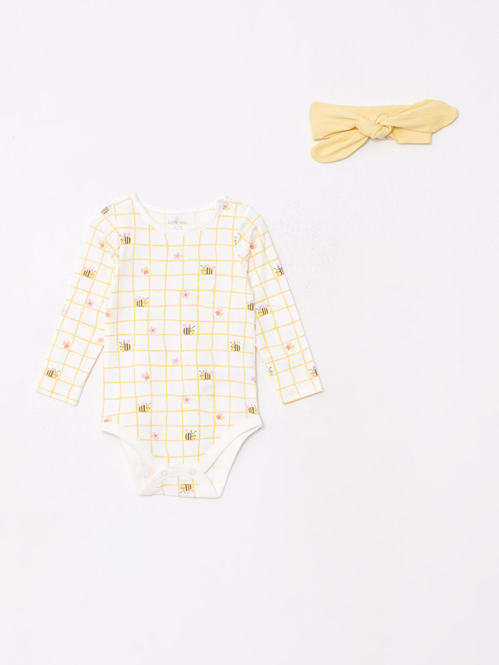 Ekru Bisiklet Yaka Uzun Kollu Baskılı Kız Bebek Çıtçıtlı Body Pantolon ve Saç Bandı 3'lü Takım-1