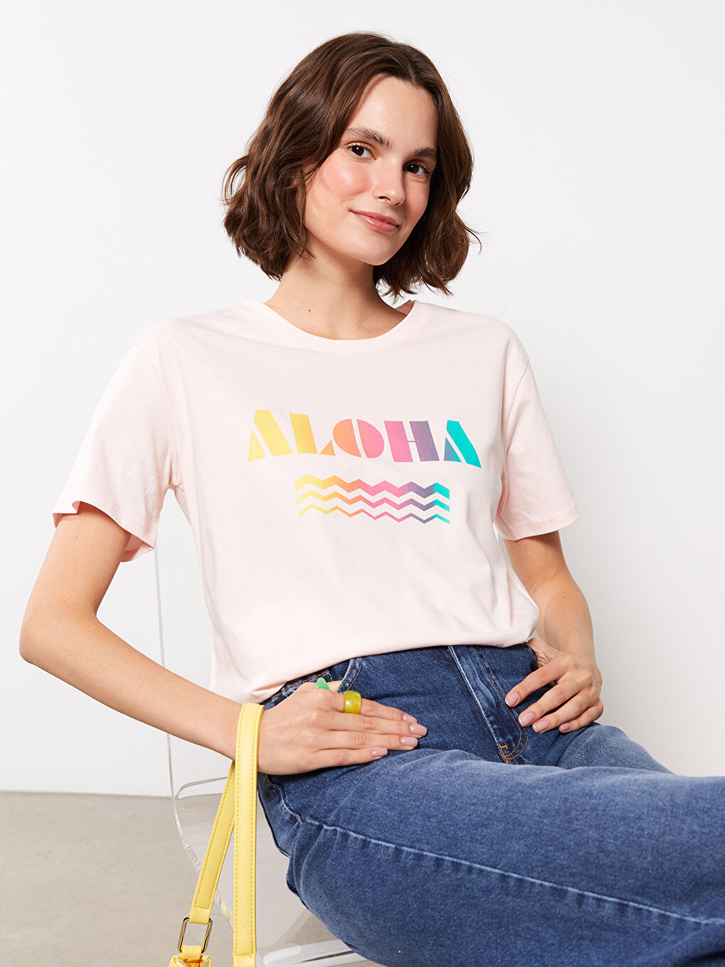 T-shirt en Coton à Manches Courtes Imprimé à Col Rond pour Femmes