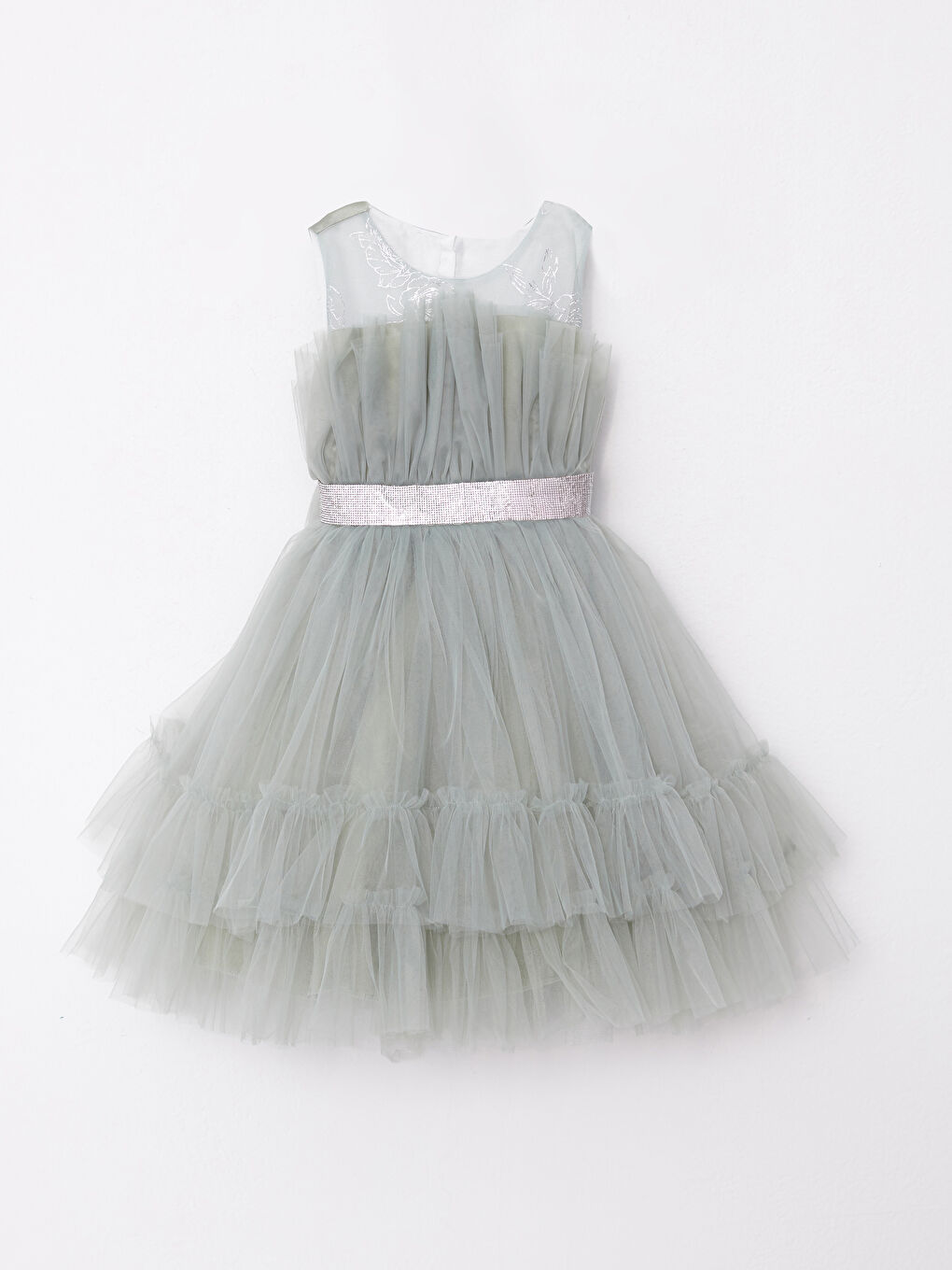 Yeşil Bisiklet Yaka Tül Detaylı Kız Çocuk Elbise